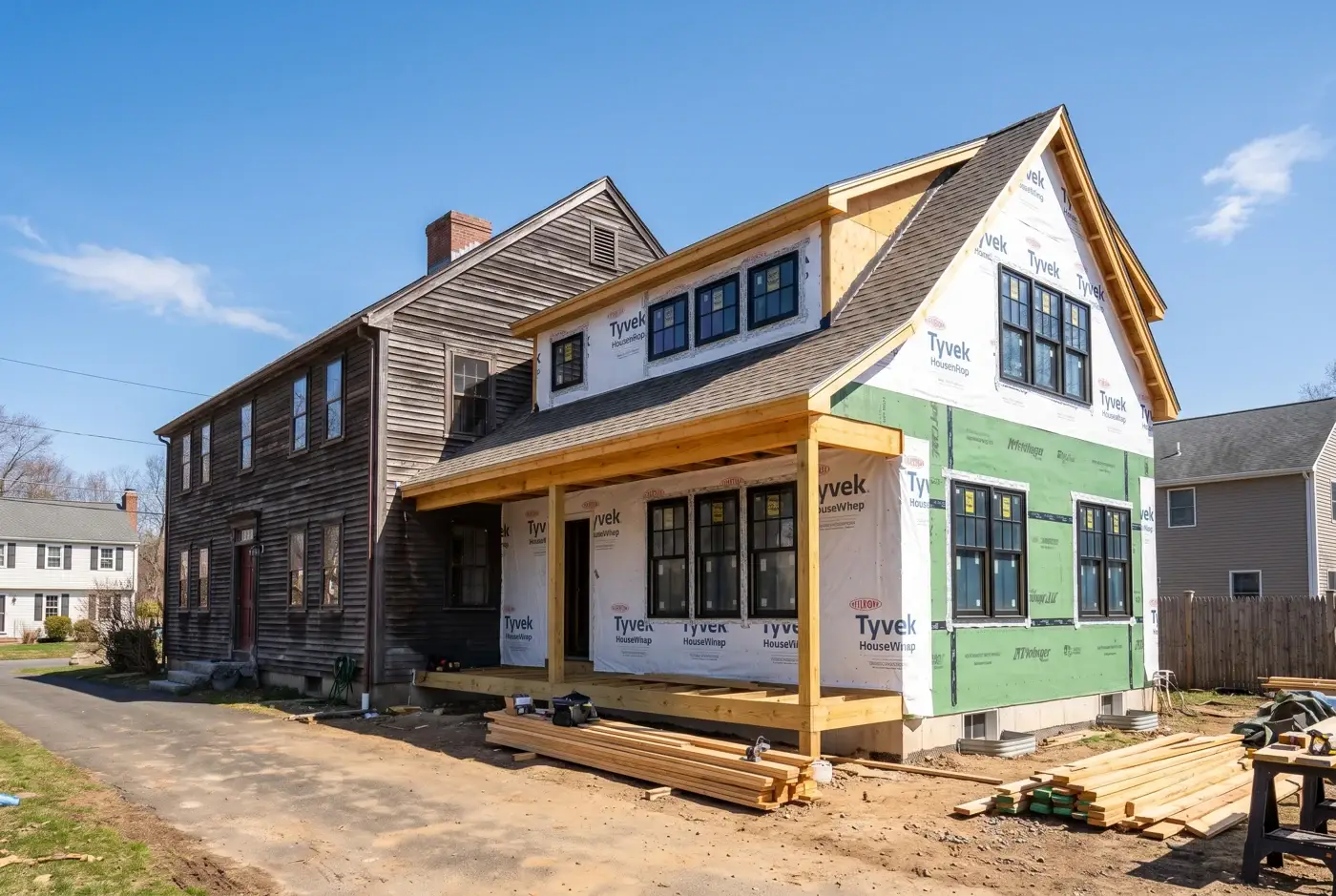 A two-story home addition being framed onto an existing colonial