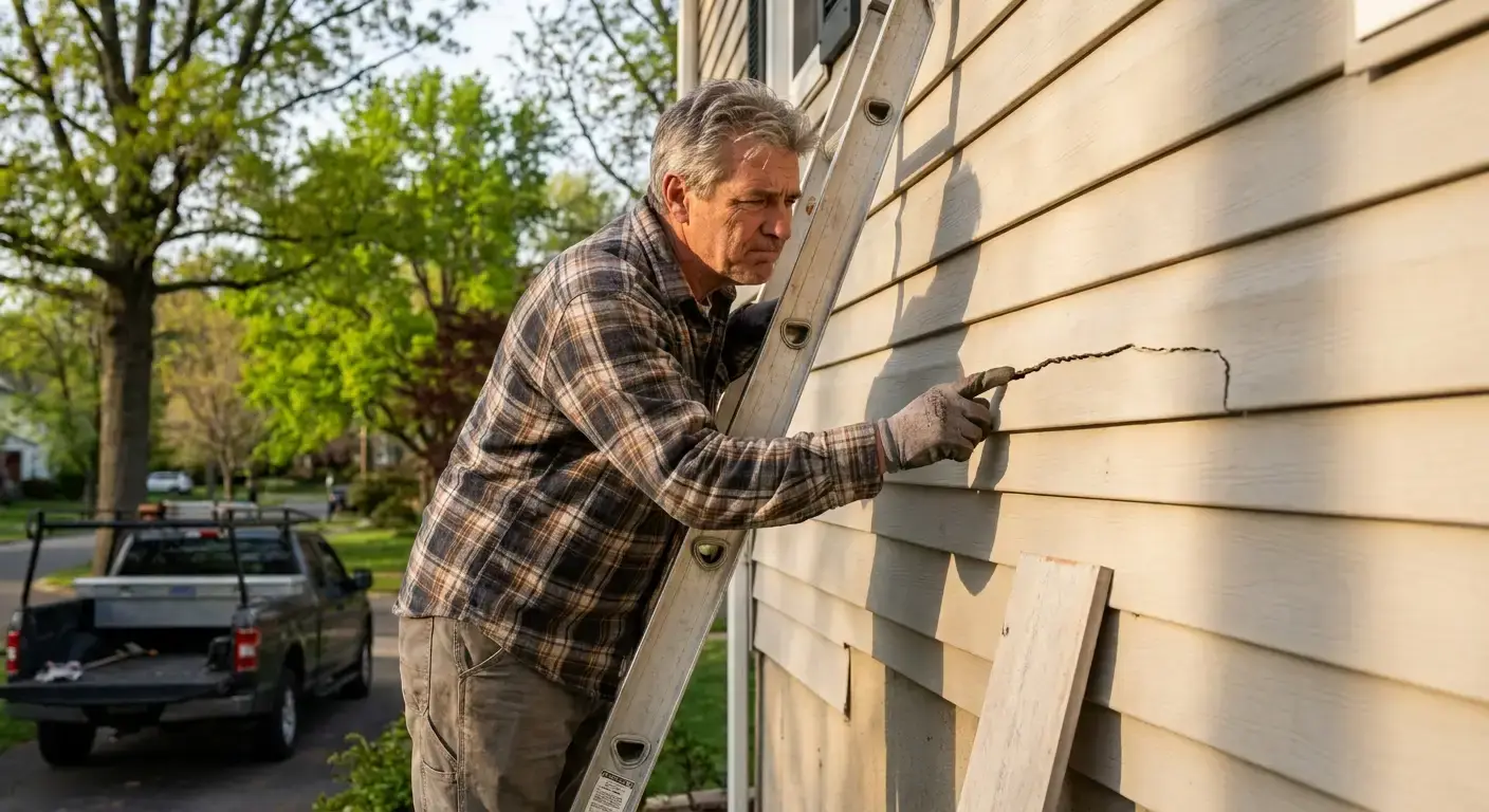 Cracked vinyl siding on a house showing weather damage from freeze-thaw cycles in Connecticut.