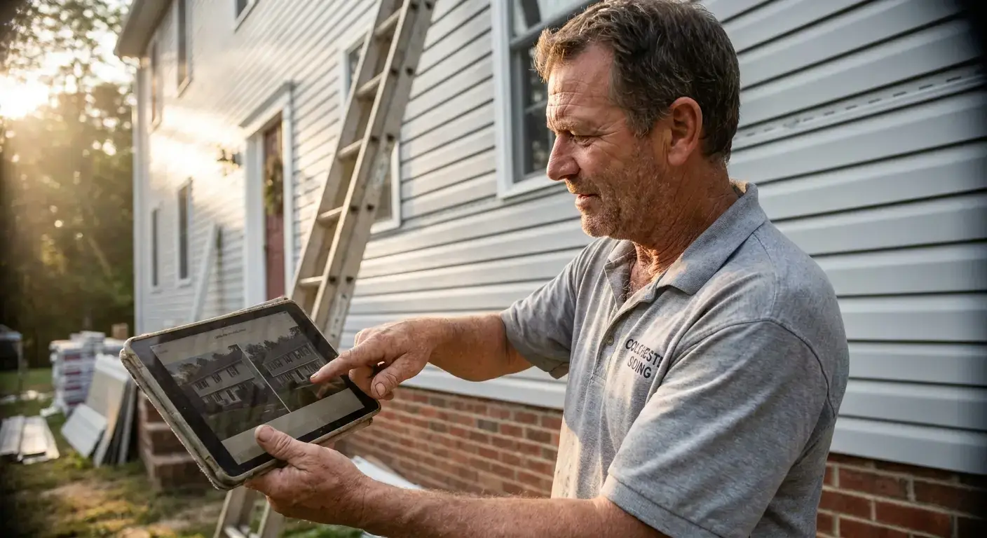 Siding contractor showing homeowner before and after photos of completed residential jobs in Norwich CT area.