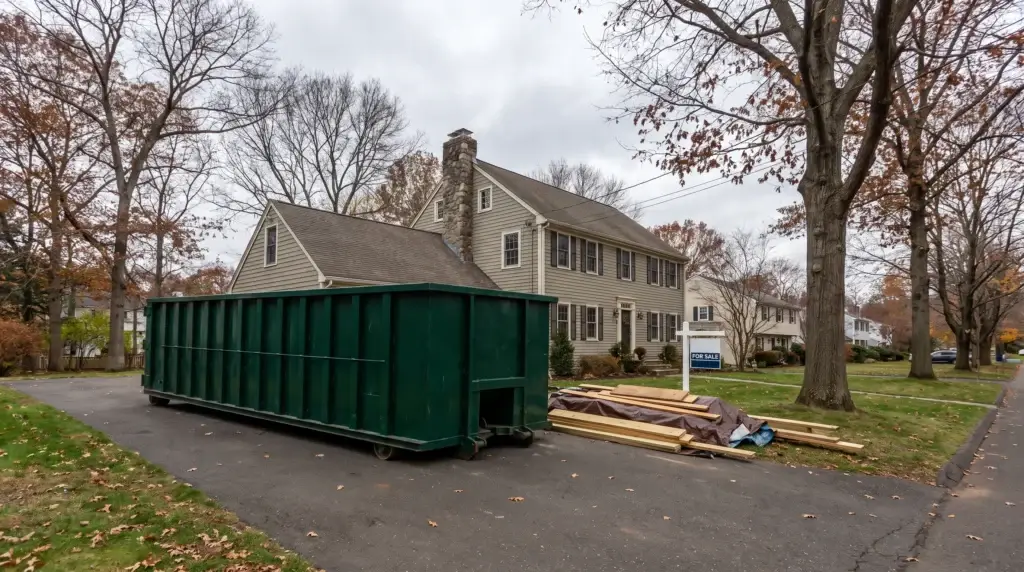Roll-off dumpster in the driveway of a New England colonial home during a renovation in New London County, Connecticut