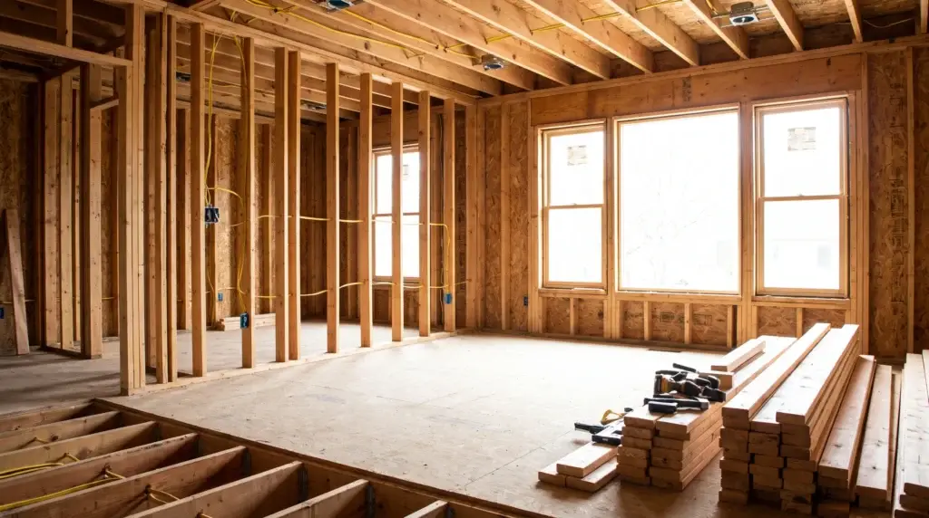 Interior of a home taken down to the studs during a full gut renovation in New London County, Connecticut
