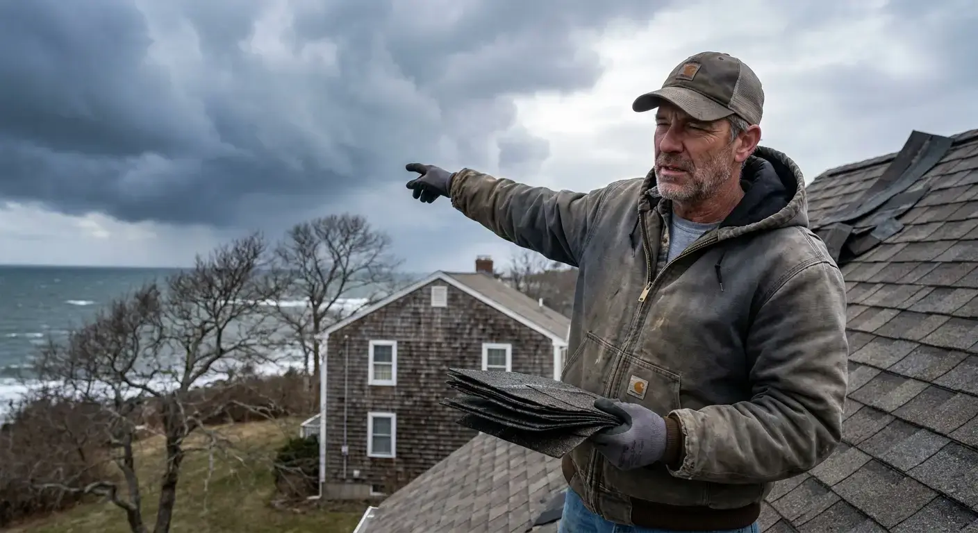 Roofer inspecting shingle damage from coastal wind exposure on a Connecticut home near the shoreline.