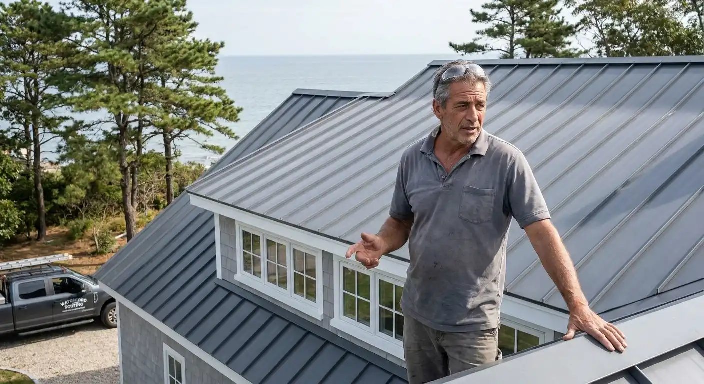 Metal standing seam roof panels installed on a modern coastal home in Connecticut with ocean views visible in background.