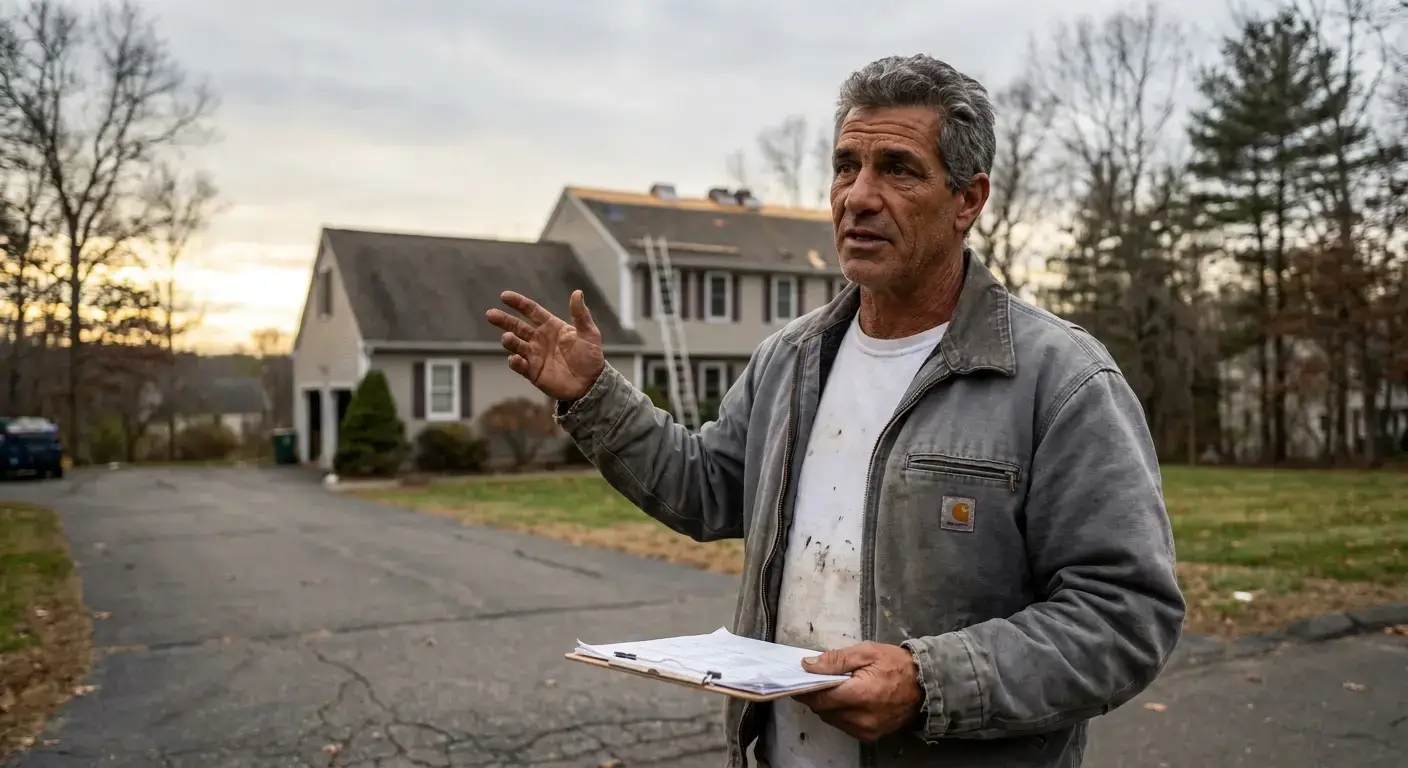 Experienced roofer holding clipboard discussing contract details with homeowner at house entrance in Waterford Connecticut.