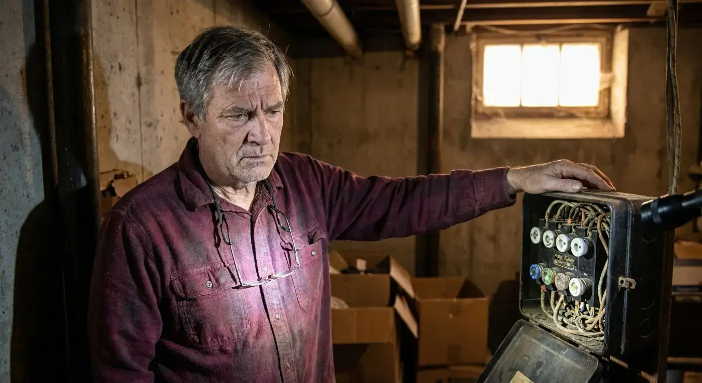 Electrician examining outdated wiring and panel in basement of older Connecticut home before renovation.