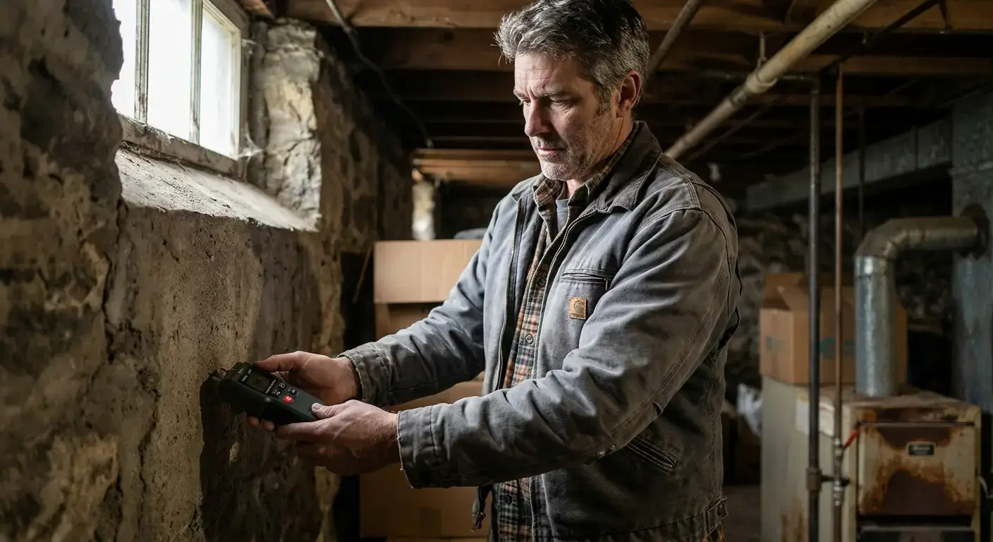 Contractor inspecting foundation and structural beams in basement of older Connecticut home during pre-construction walkthrou