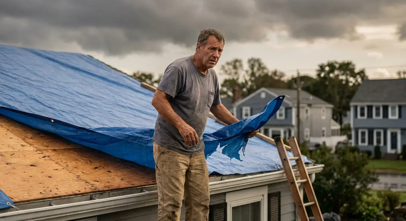 Improperly installed blue tarp on a damaged roof showing loose edges and potential water infiltration points.