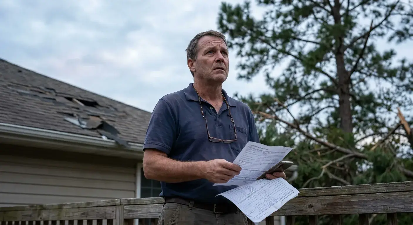 Homeowner discussing roof damage claim with insurance adjuster during inspection visit.