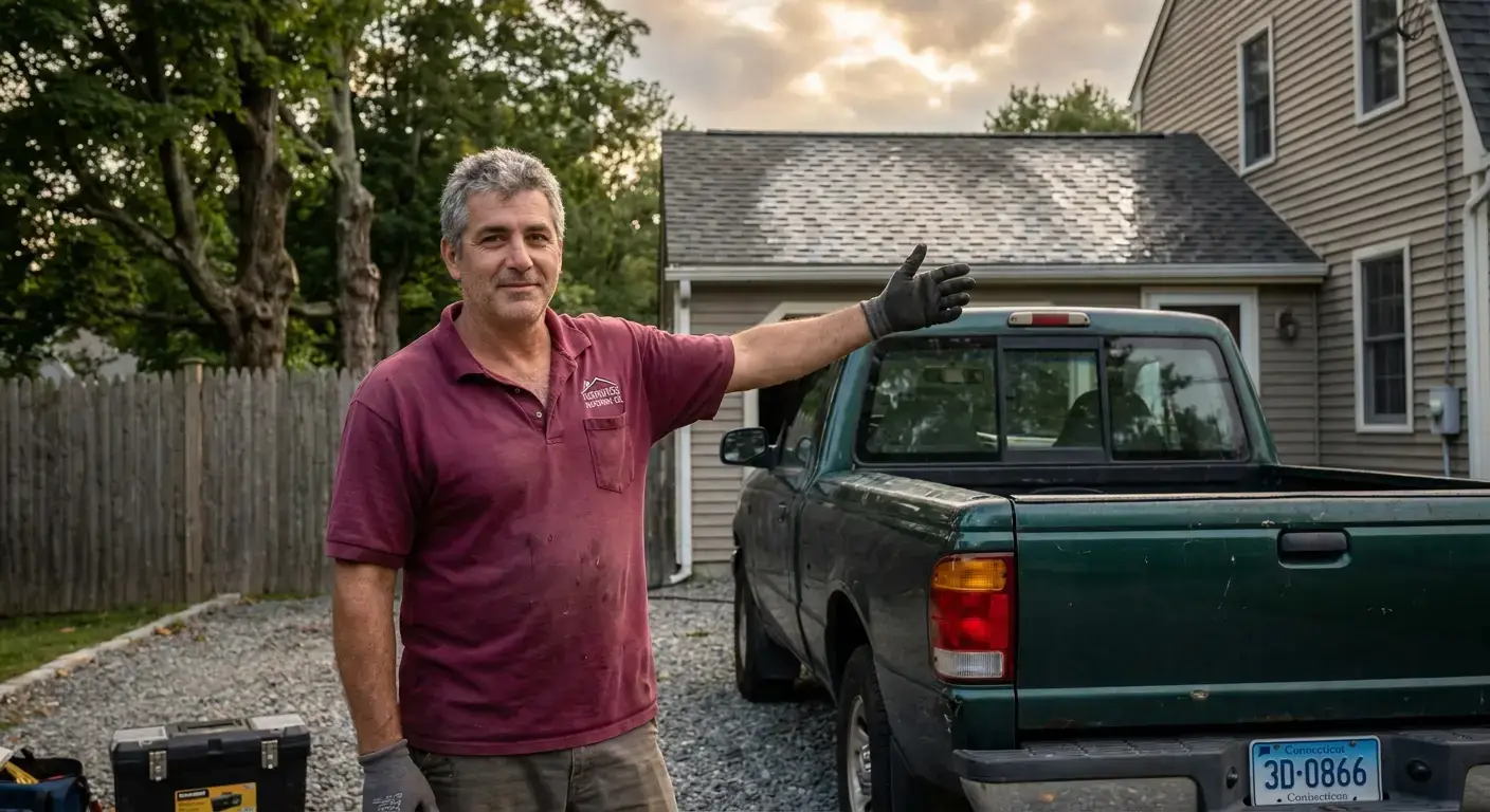 Local contractor standing with homeowner in front of completed roof repair on Connecticut residential home.