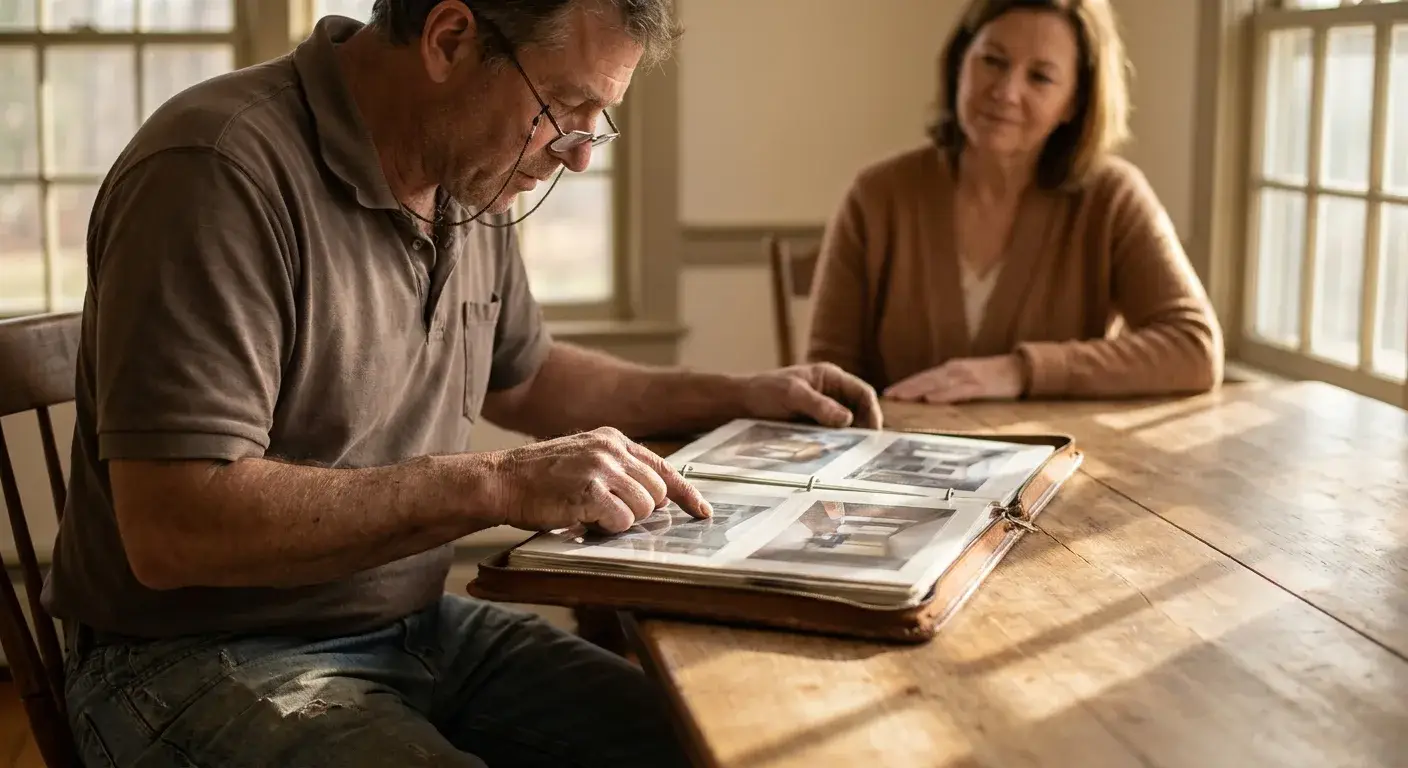 Local home renovation contractor standing with client reviewing renovation blueprints at Ledyard CT residential property
