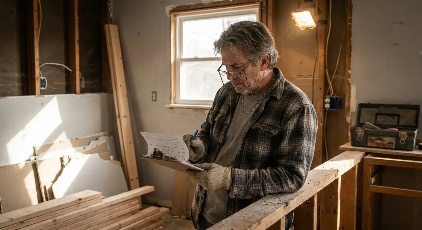Local contractor reviewing renovation plans at a Ledyard CT home during initial estimate consultation
