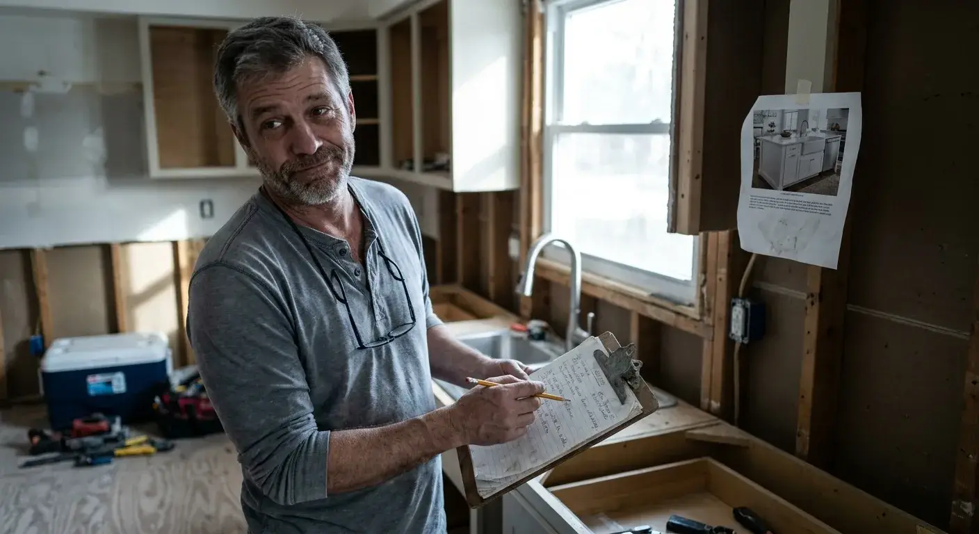 Kitchen contractor holding budget estimate papers in Connecticut home kitchen.