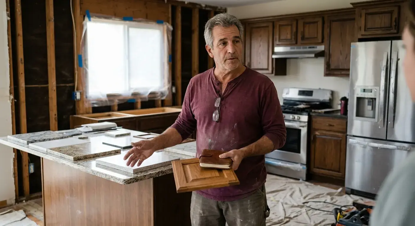 Homeowner comparing kitchen cabinet and countertop material options for a Connecticut remodel project