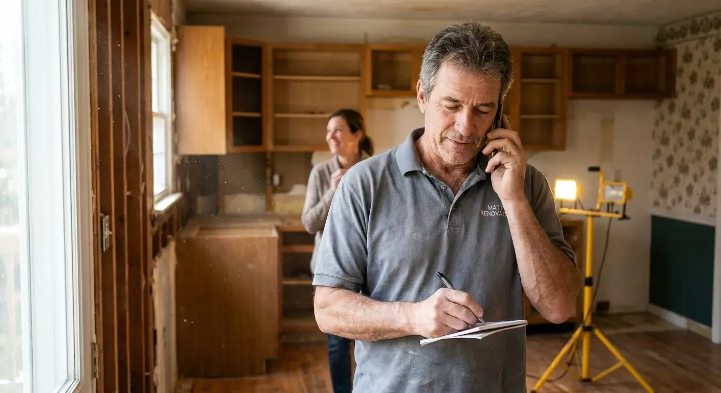 Kitchen remodel contractor standing in client's home during a consultation meeting