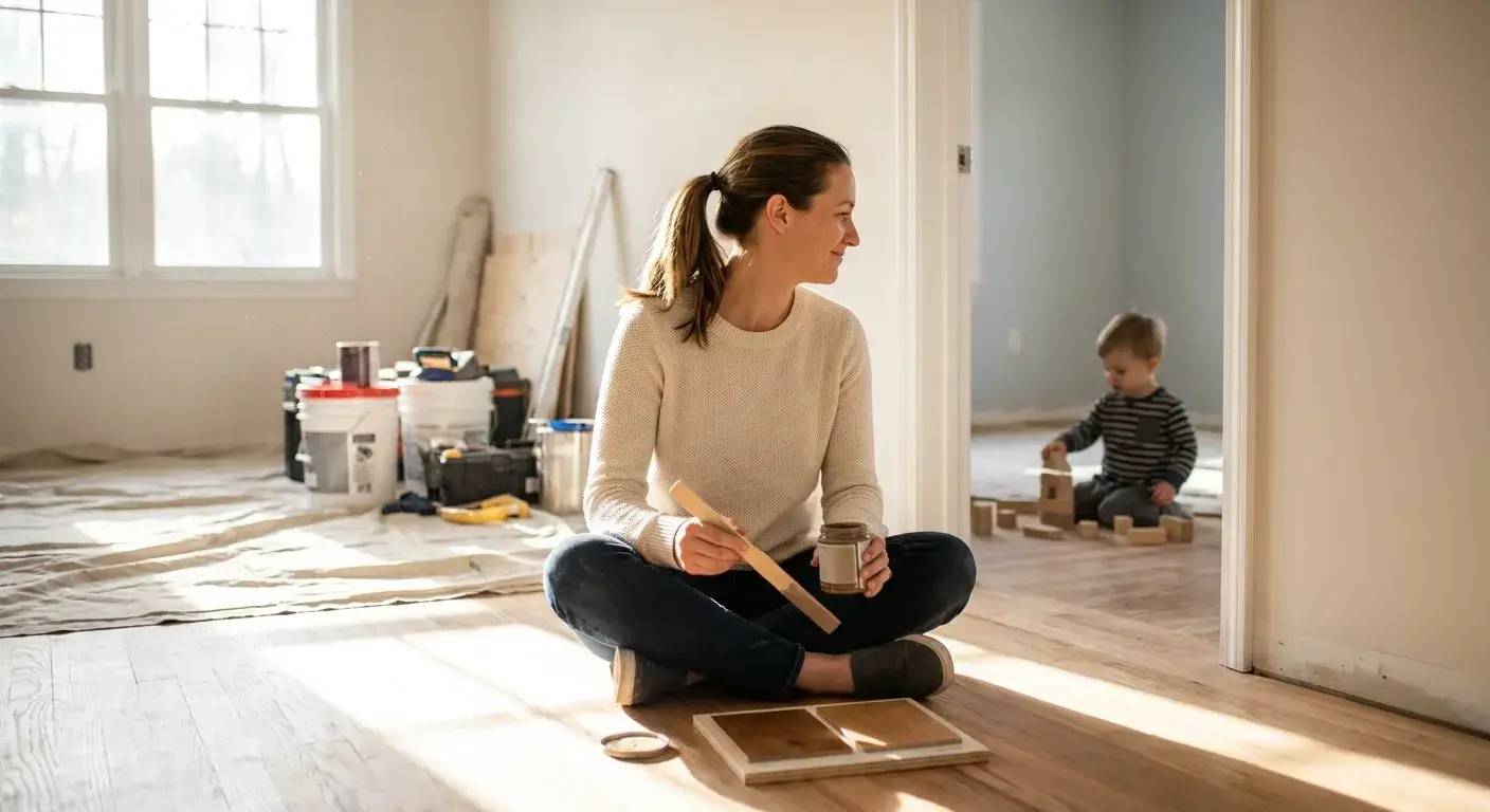 Family with young child and pregnant woman discussing flooring options with contractor holding clipboard in living room.