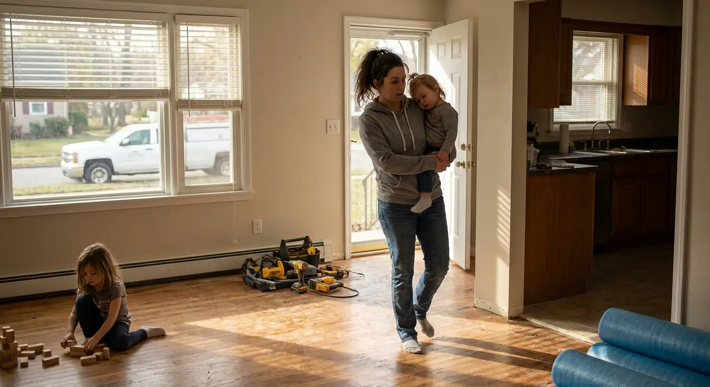 Family with young children packing suitcases while flooring installation equipment sits in living room background.