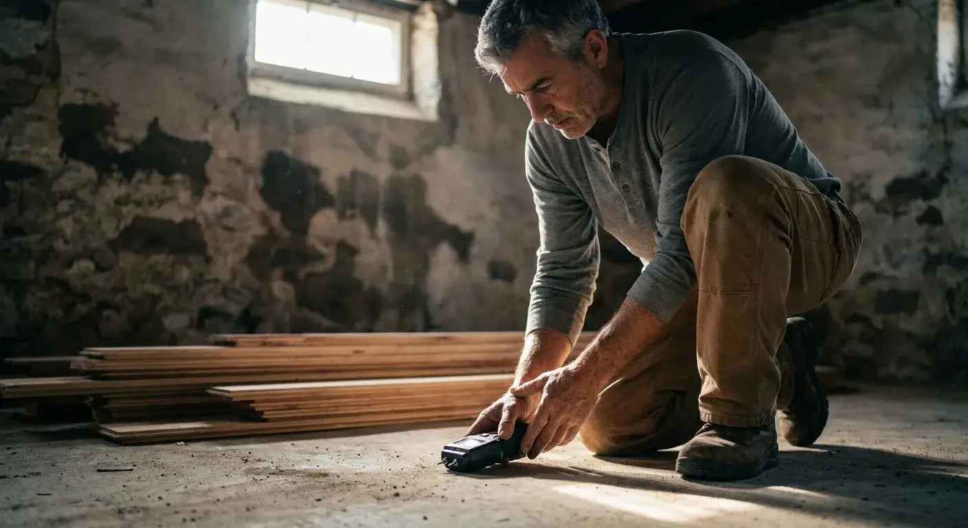 Professional installer measuring and preparing subfloor in Connecticut home basement before laying hardwood or LVP flooring.
